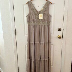 Rebellion Again Lace Beige Tiered  Bohemian Festival Embroider Maxi Dress Sz XL